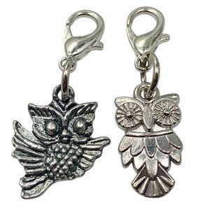 Vtg Owl Clip On Charm Lot of 2 Bundle Silver Tone Zipper Pull Bag Purse Charms